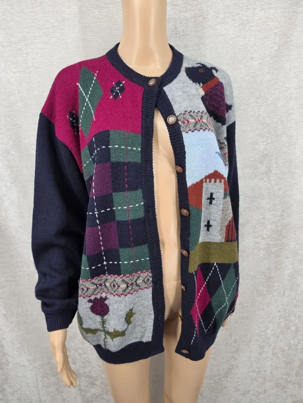 Tulchan Wool Navy Sweater Cardigan Argyle Plaid Scottie Dog Castle Dark Academia